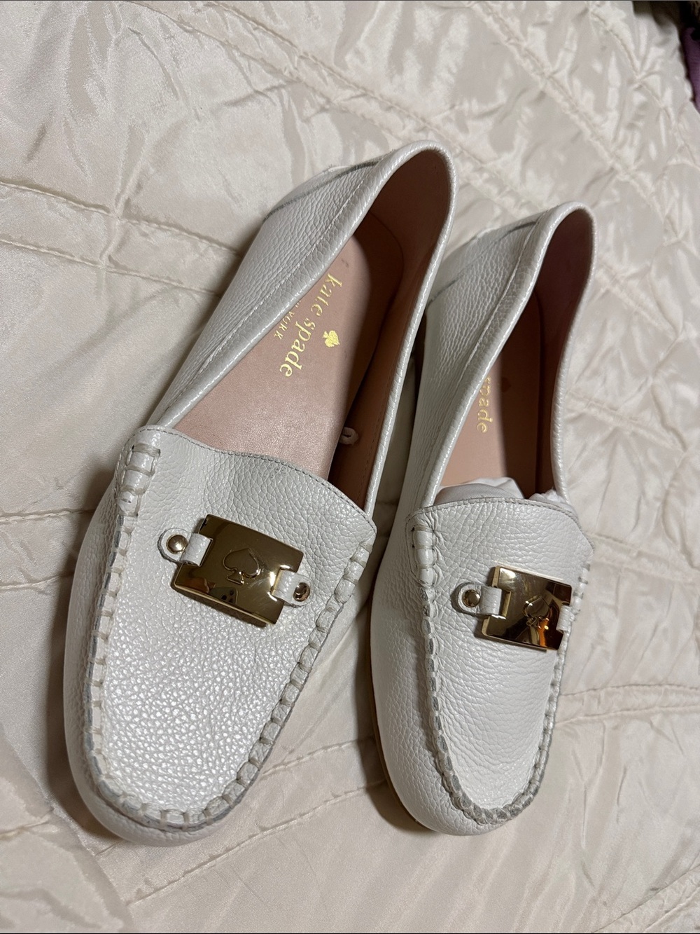 kate spade White Pebbled Leather Loafers with Gold Hardware